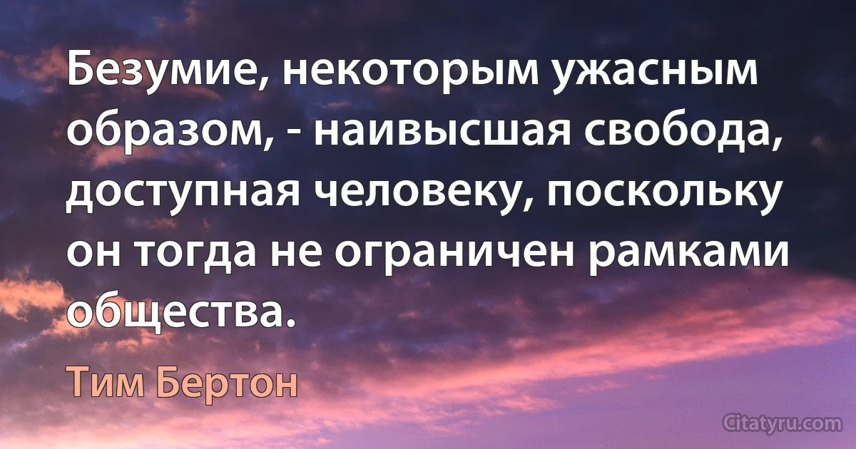 Безумие, некоторым ужасным образом, - наивысшая свобода, доступная человеку, поскольку он тогда не ограничен рамками общества. (Тим Бертон)