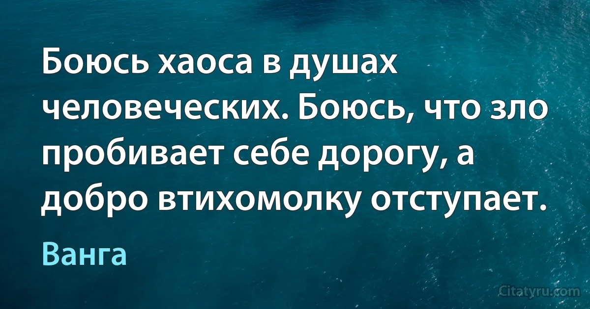 Боюсь хаоса в душах человеческих. Боюсь, что зло пробивает себе дорогу, а добро втихомолку отступает. (Ванга)