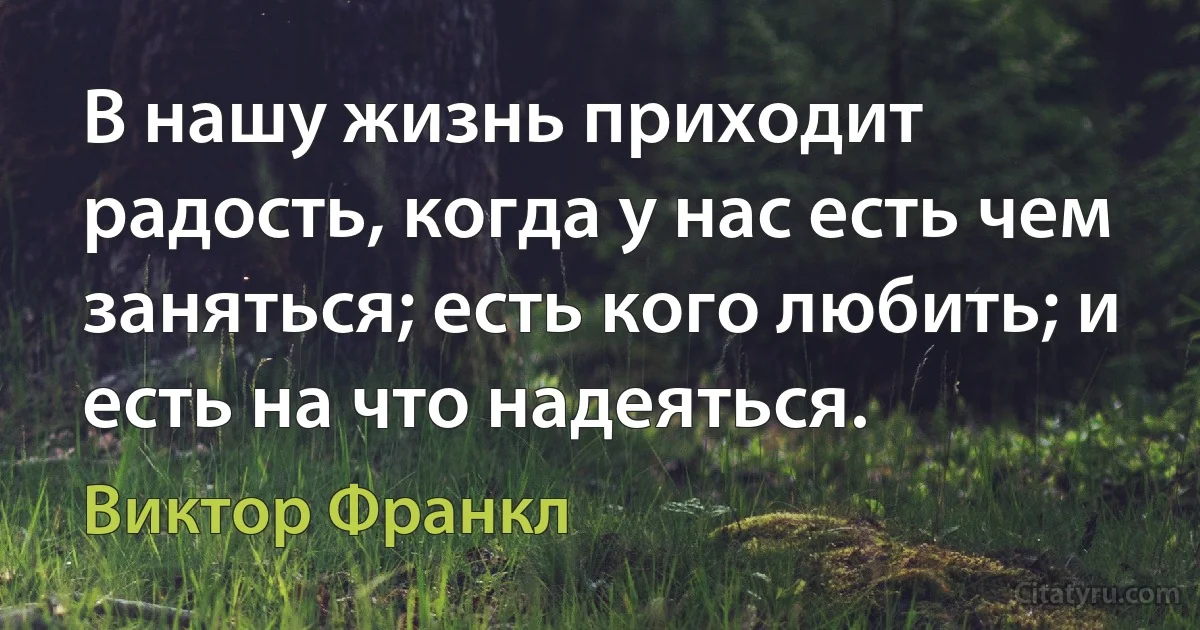 В нашу жизнь приходит радость, когда у нас есть чем заняться; есть кого любить; и есть на что надеяться. (Виктор Франкл)