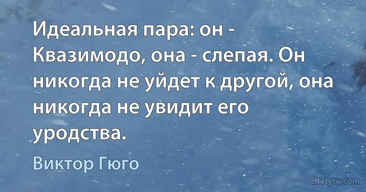 Идеальная пара: он - Квазимодо, она - слепая. Он никогда не уйдет к другой, она никогда не увидит его уродства. (Виктор Гюго)