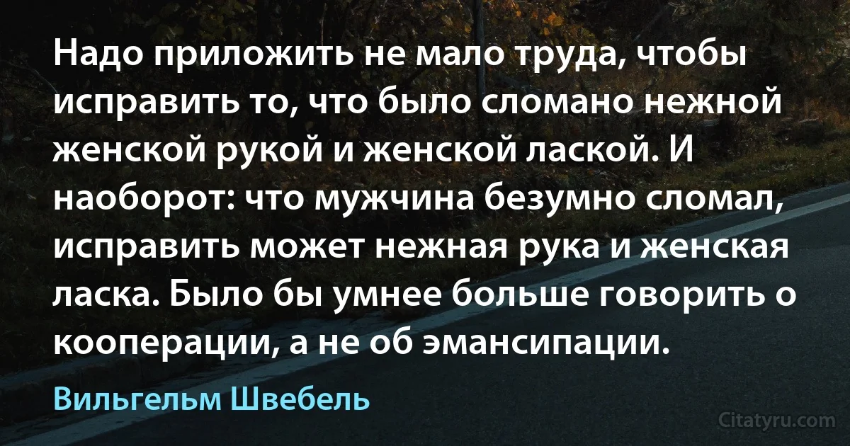 Надо приложить не мало труда, чтобы исправить то, что было сломано нежной женской рукой и женской лаской. И наоборот: что мужчина безумно сломал, исправить может нежная рука и женская ласка. Было бы умнее больше говорить о кооперации, а не об эмансипации. (Вильгельм Швебель)