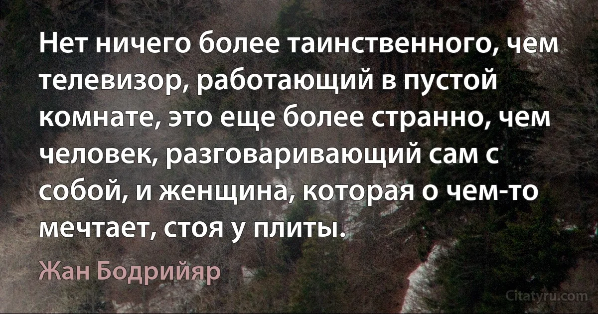 Нет ничего более таинственного, чем телевизор, работающий в пустой комнате, это еще более странно, чем человек, разговаривающий сам с собой, и женщина, которая о чем-то мечтает, стоя у плиты. (Жан Бодрийяр)