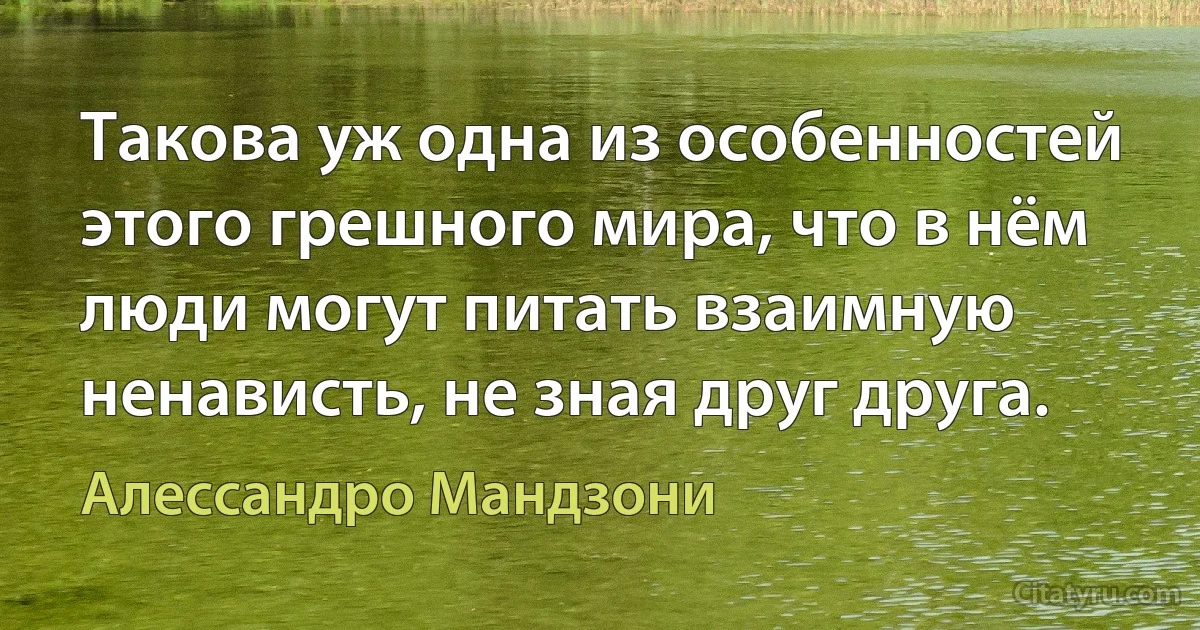 Такова уж одна из особенностей этого грешного мира, что в нём люди могут питать взаимную ненависть, не зная друг друга. (Алессандро Мандзони)