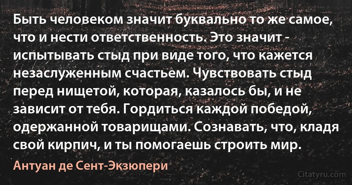 Быть человеком значит буквально то же самое, что и нести ответственность. Это значит - испытывать стыд при виде того, что кажется незаслуженным счастьем. Чувствовать стыд перед нищетой, которая, казалось бы, и не зависит от тебя. Гордиться каждой победой, одержанной товарищами. Сознавать, что, кладя свой кирпич, и ты помогаешь строить мир. (Антуан де Сент-Экзюпери)