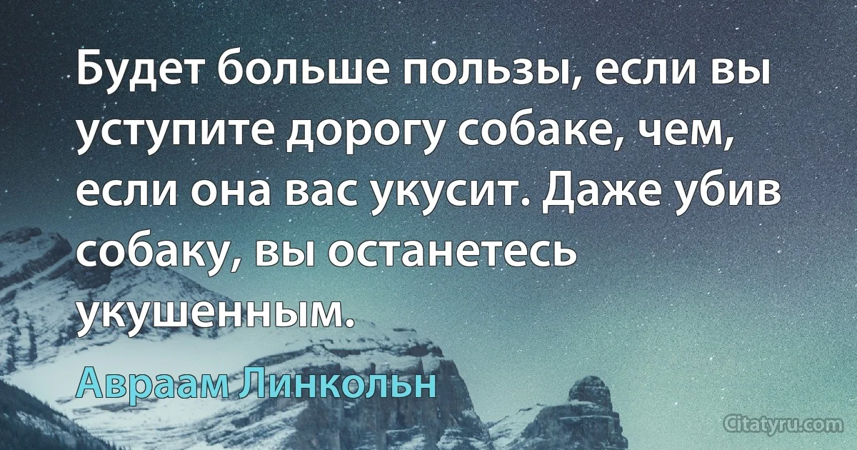 Будет больше пользы, если вы уступите дорогу собаке, чем, если она вас укусит. Даже убив собаку, вы останетесь укушенным. (Авраам Линкольн)