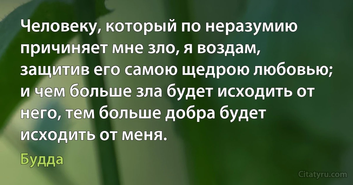 Человеку, который по неразумию причиняет мне зло, я воздам, защитив его самою щедрою любовью; и чем больше зла будет исходить от него, тем больше добра будет исходить от меня. (Будда)