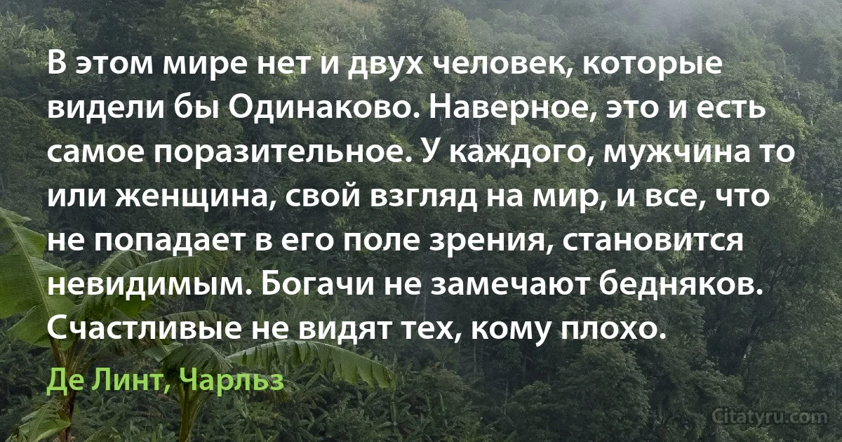 В этом мире нет и двух человек, которые видели бы Одинаково. Наверное, это и есть самое поразительное. У каждого, мужчина то или женщина, свой взгляд на мир, и все, что не попадает в его поле зрения, становится невидимым. Богачи не замечают бедняков. Счастливые не видят тех, кому плохо. (Де Линт, Чарльз)