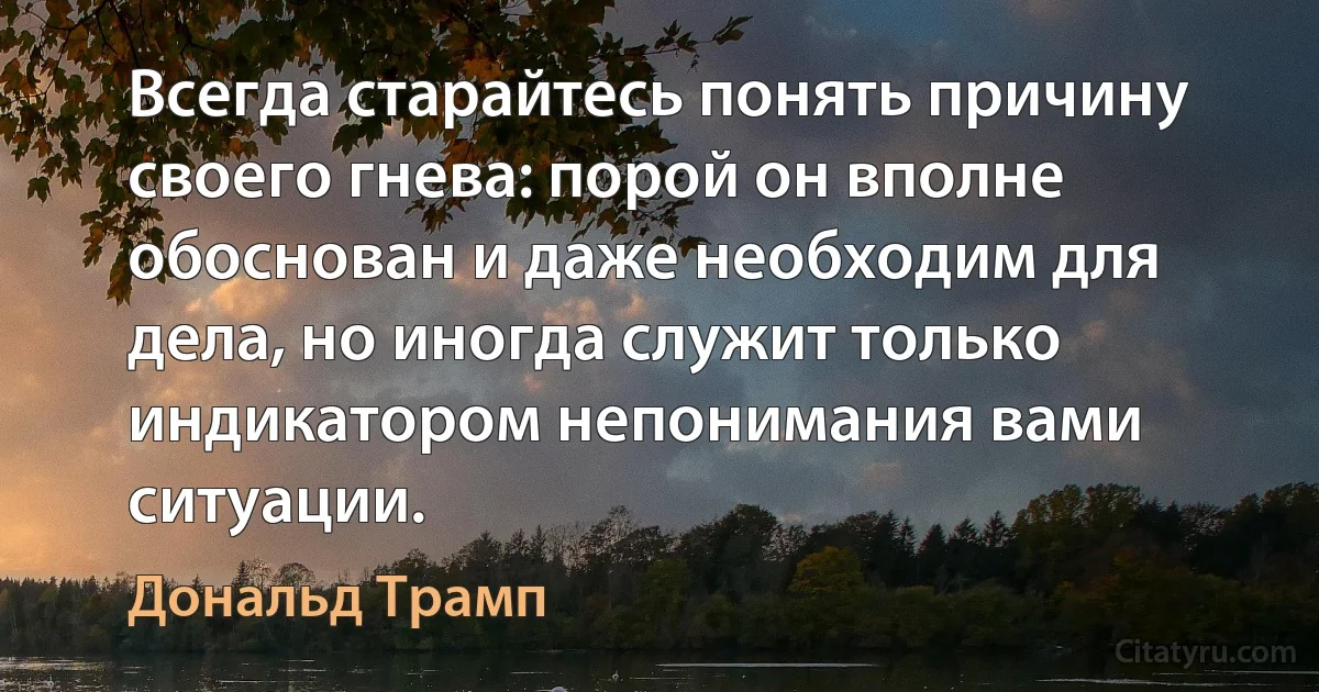 Всегда старайтесь понять причину своего гнева: порой он вполне обоснован и даже необходим для дела, но иногда служит только индикатором непонимания вами ситуации. (Дональд Трамп)