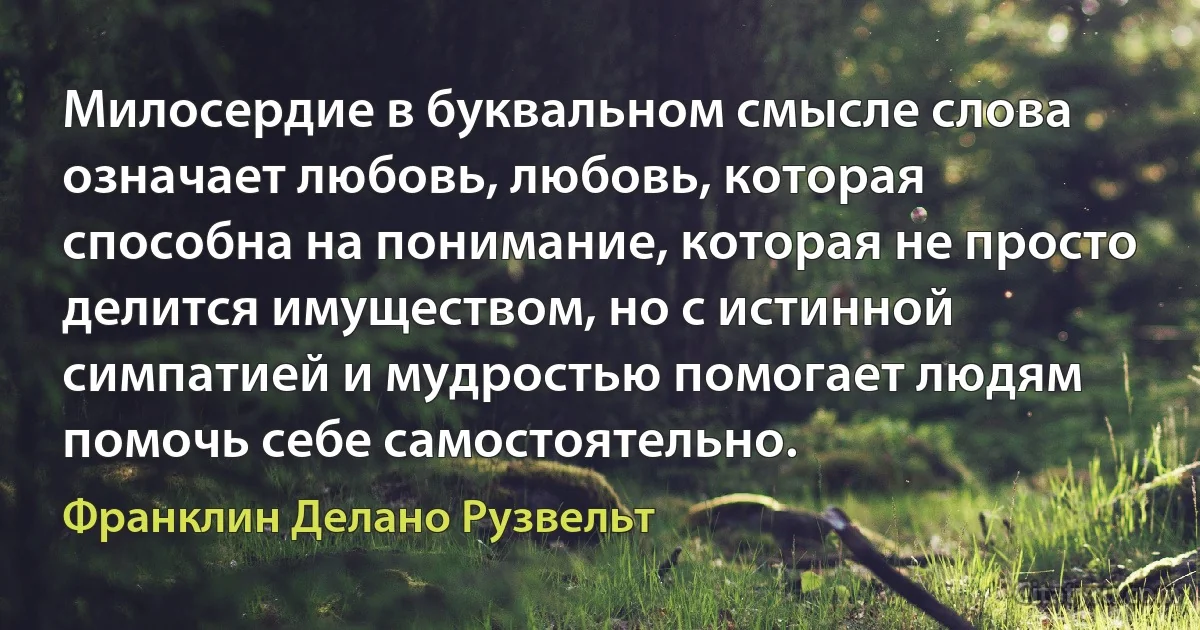 Милосердие в буквальном смысле слова означает любовь, любовь, которая способна на понимание, которая не просто делится имуществом, но с истинной симпатией и мудростью помогает людям помочь себе самостоятельно. (Франклин Делано Рузвельт)