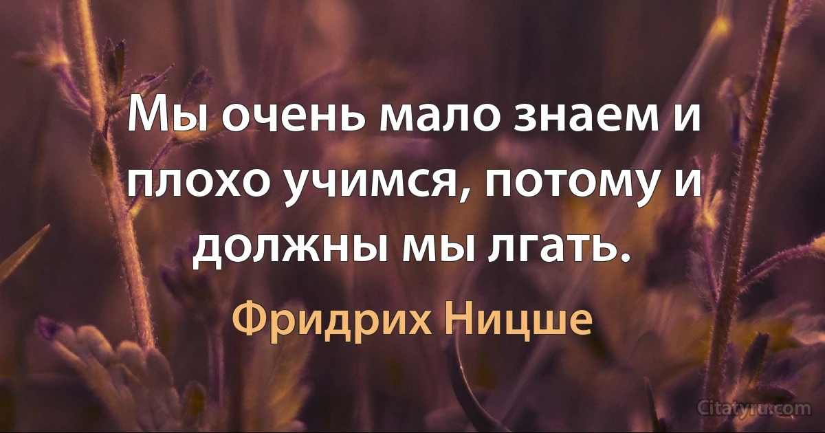 Мы очень мало знаем и плохо учимся, потому и должны мы лгать. (Фридрих Ницше)