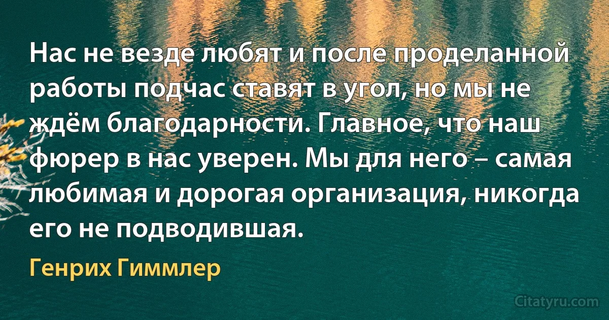 Нас не везде любят и после проделанной работы подчас ставят в угол, но мы не ждём благодарности. Главное, что наш фюрер в нас уверен. Мы для него – самая любимая и дорогая организация, никогда его не подводившая. (Генрих Гиммлер)