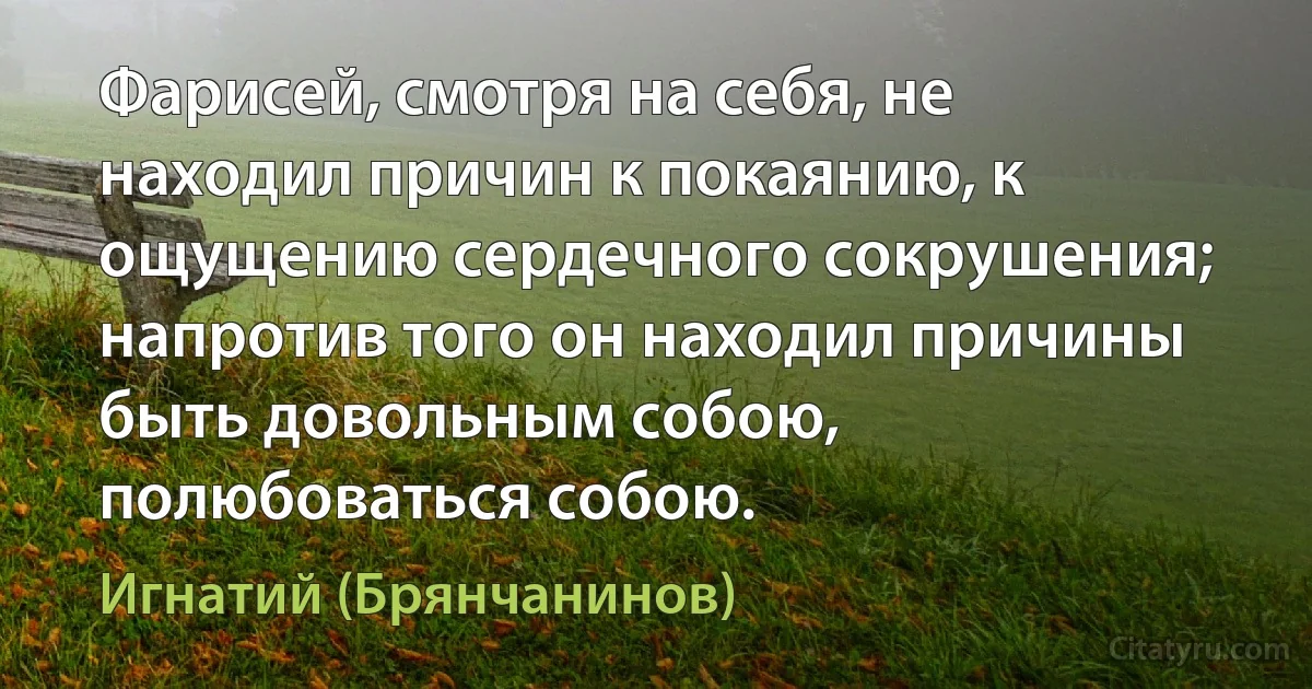 Фарисей, смотря на себя, не находил причин к покаянию, к ощущению сердечного сокрушения; напротив того он находил причины быть довольным собою, полюбоваться собою. (Игнатий (Брянчанинов))