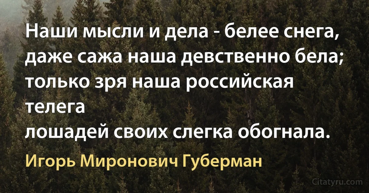 Наши мысли и дела - белее снега,
даже сажа наша девственно бела;
только зря наша российская телега
лошадей своих слегка обогнала. (Игорь Миронович Губерман)