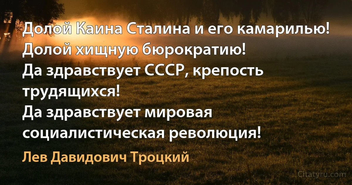 Долой Каина Сталина и его камарилью!
Долой хищную бюрократию!
Да здравствует СССР, крепость трудящихся!
Да здравствует мировая социалистическая революция! (Лев Давидович Троцкий)