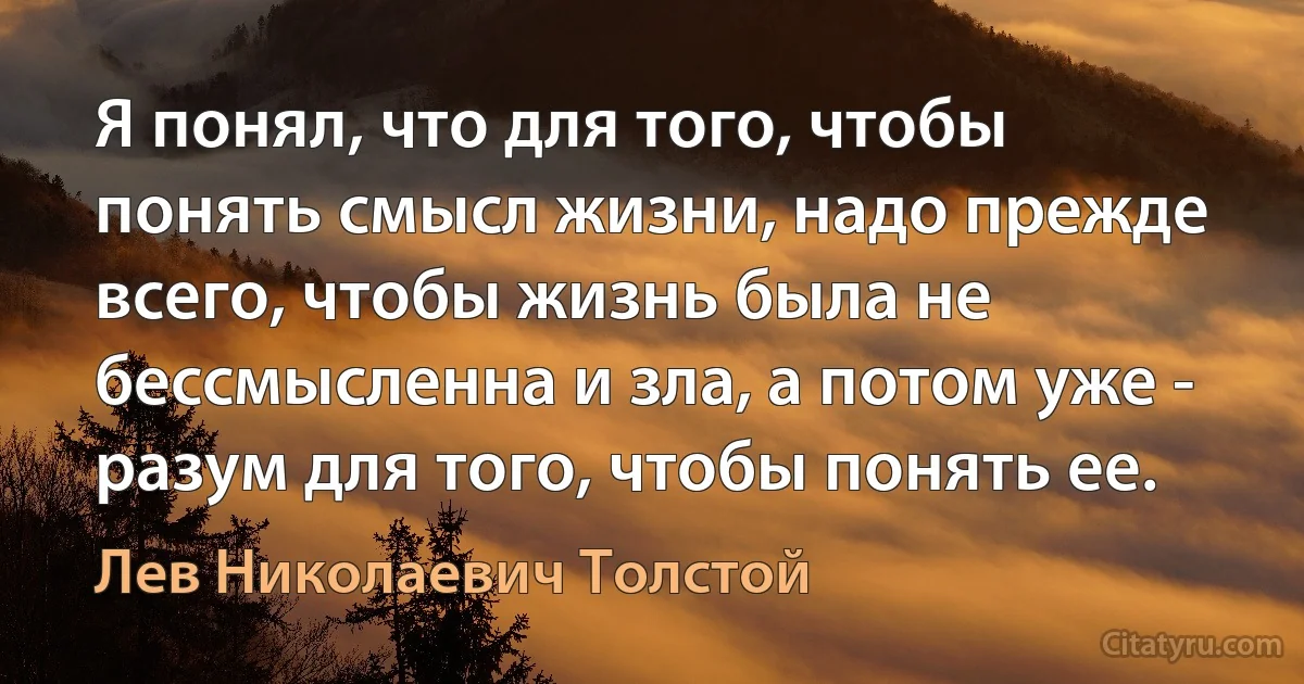 Я понял, что для того, чтобы понять смысл жизни, надо прежде всего, чтобы жизнь была не бессмысленна и зла, а потом уже - разум для того, чтобы понять ее. (Лев Николаевич Толстой)