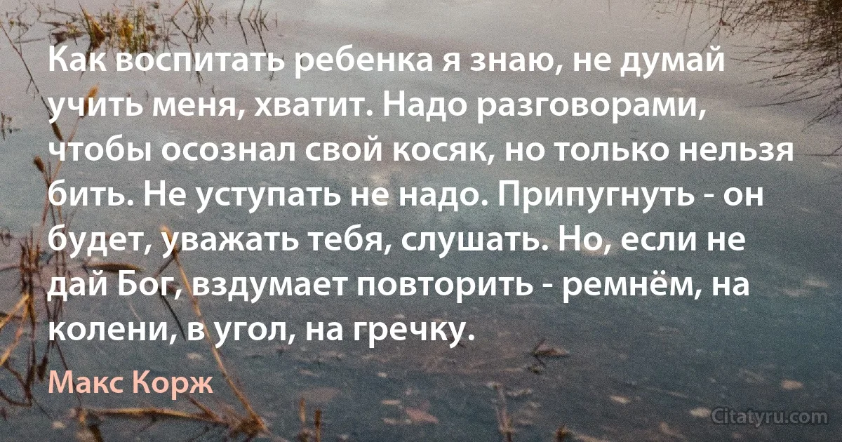 Как воспитать ребенка я знаю, не думай учить меня, хватит. Надо разговорами, чтобы осознал свой косяк, но только нельзя бить. Не уступать не надо. Припугнуть - он будет, уважать тебя, слушать. Но, если не дай Бог, вздумает повторить - ремнём, на колени, в угол, на гречку. (Макс Корж)