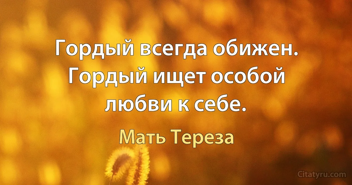 Гордый всегда обижен. Гордый ищет особой любви к себе. (Мать Тереза)