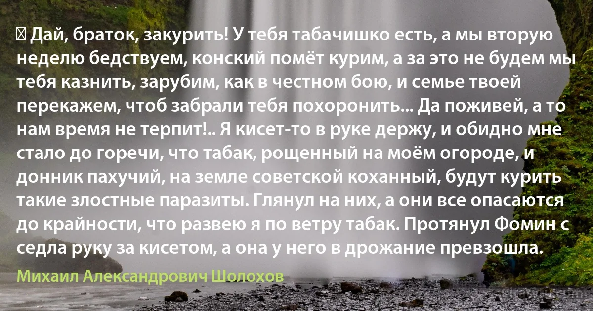 ― Дай, браток, закурить! У тебя табачишко есть, а мы вторую неделю бедствуем, конский помёт курим, а за это не будем мы тебя казнить, зарубим, как в честном бою, и семье твоей перекажем, чтоб забрали тебя похоронить... Да поживей, а то нам время не терпит!.. Я кисет-то в руке держу, и обидно мне стало до горечи, что табак, рощенный на моём огороде, и донник пахучий, на земле советской коханный, будут курить такие злостные паразиты. Глянул на них, а они все опасаются до крайности, что развею я по ветру табак. Протянул Фомин с седла руку за кисетом, а она у него в дрожание превзошла. (Михаил Александрович Шолохов)