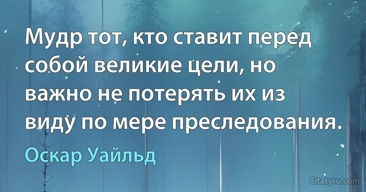 Мудр тот, кто ставит перед собой великие цели, но важно не потерять их из виду по мере преследования. (Оскар Уайльд)