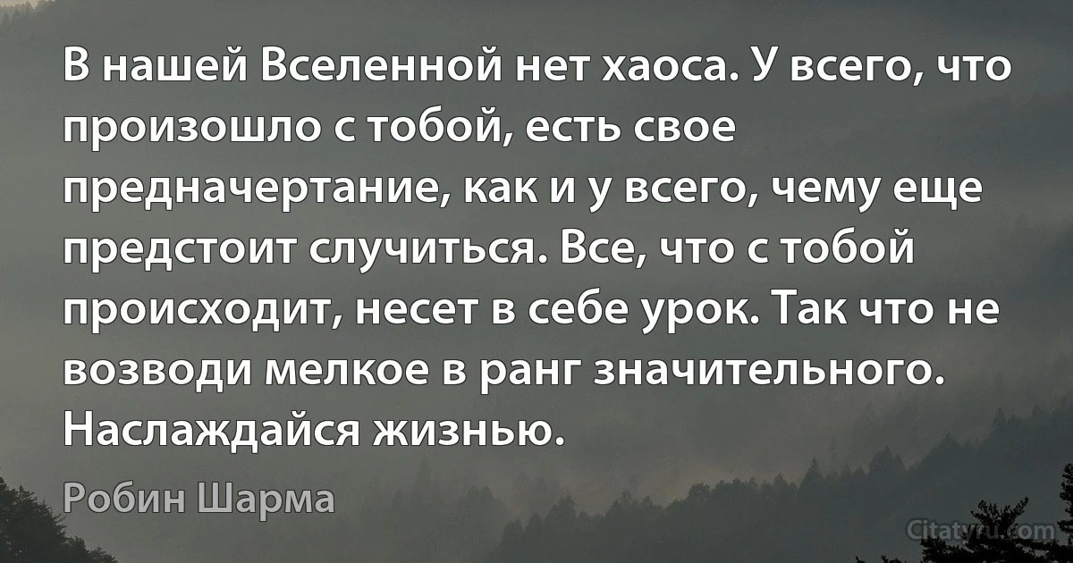 В нашей Вселенной нет хаоса. У всего, что произошло с тобой, есть свое предначертание, как и у всего, чему еще предстоит случиться. Все, что с тобой происходит, несет в себе урок. Так что не возводи мелкое в ранг значительного. Наслаждайся жизнью. (Робин Шарма)