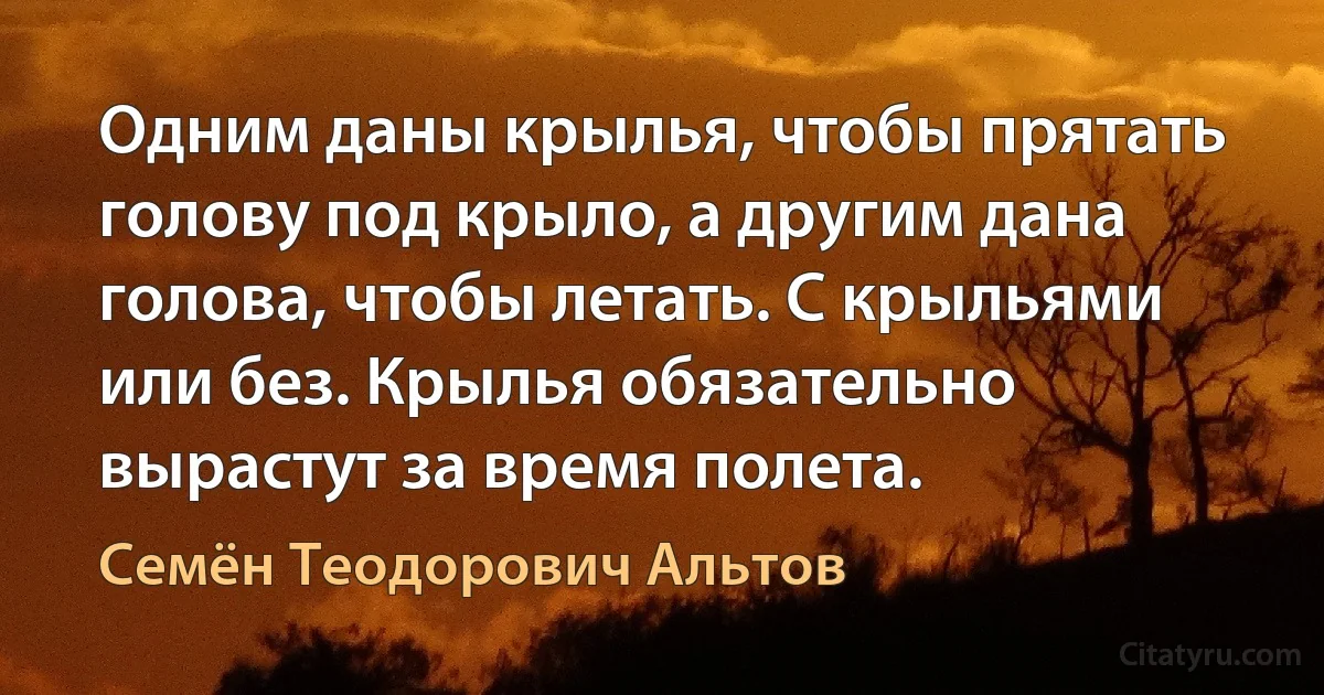 Одним даны крылья, чтобы прятать голову под крыло, а другим дана голова, чтобы летать. С крыльями или без. Крылья обязательно вырастут за время полета. (Семён Теодорович Альтов)