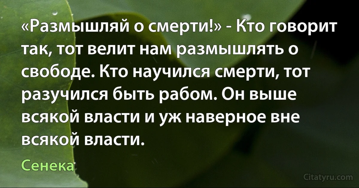 «Размышляй о смерти!» - Кто говорит так, тот велит нам размышлять о свободе. Кто научился смерти, тот разучился быть рабом. Он выше всякой власти и уж наверное вне всякой власти. (Сенека)