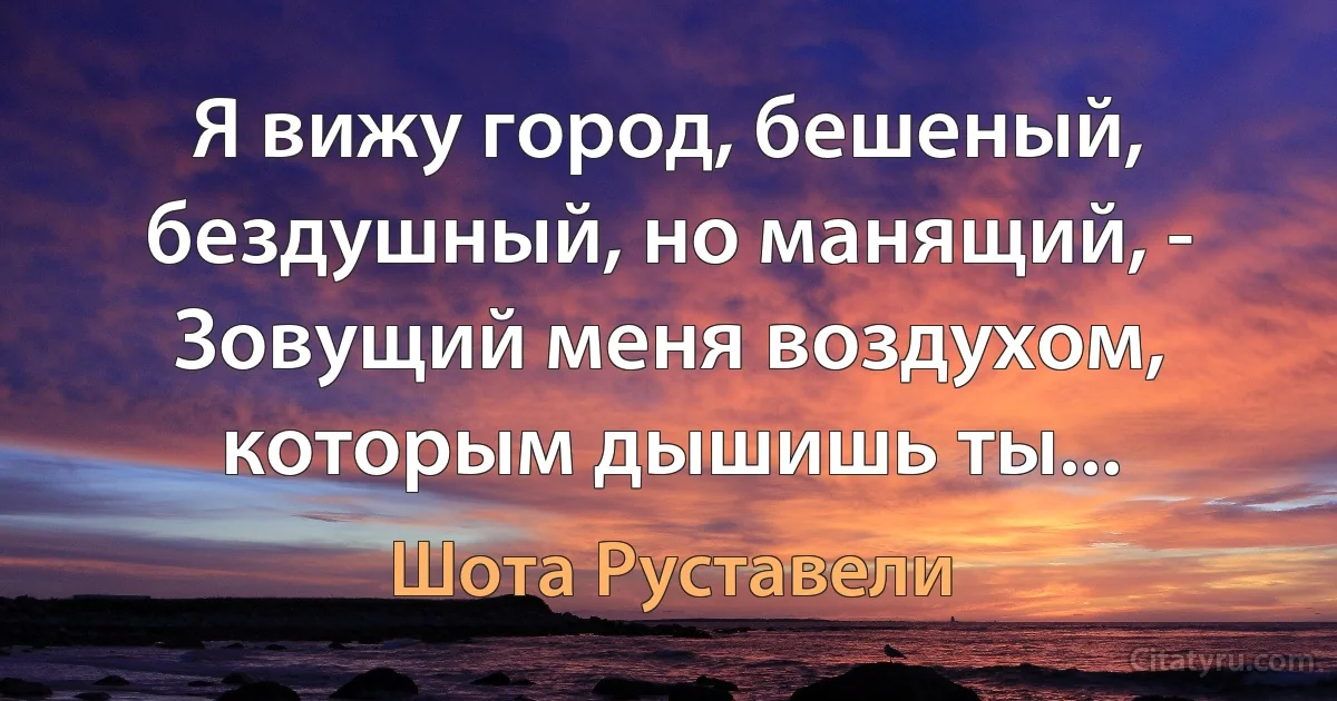 Я вижу город, бешеный, бездушный, но манящий, -
Зовущий меня воздухом, которым дышишь ты... (Шота Руставели)