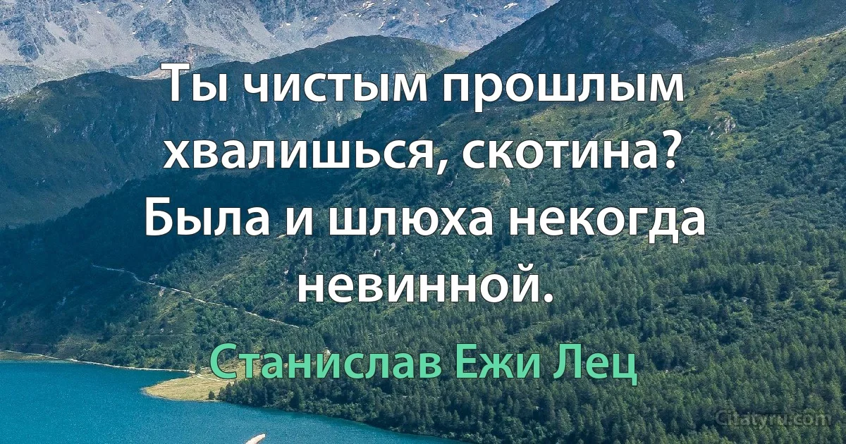 Ты чистым прошлым хвалишься, скотина?
Была и шлюха некогда невинной. (Станислав Ежи Лец)