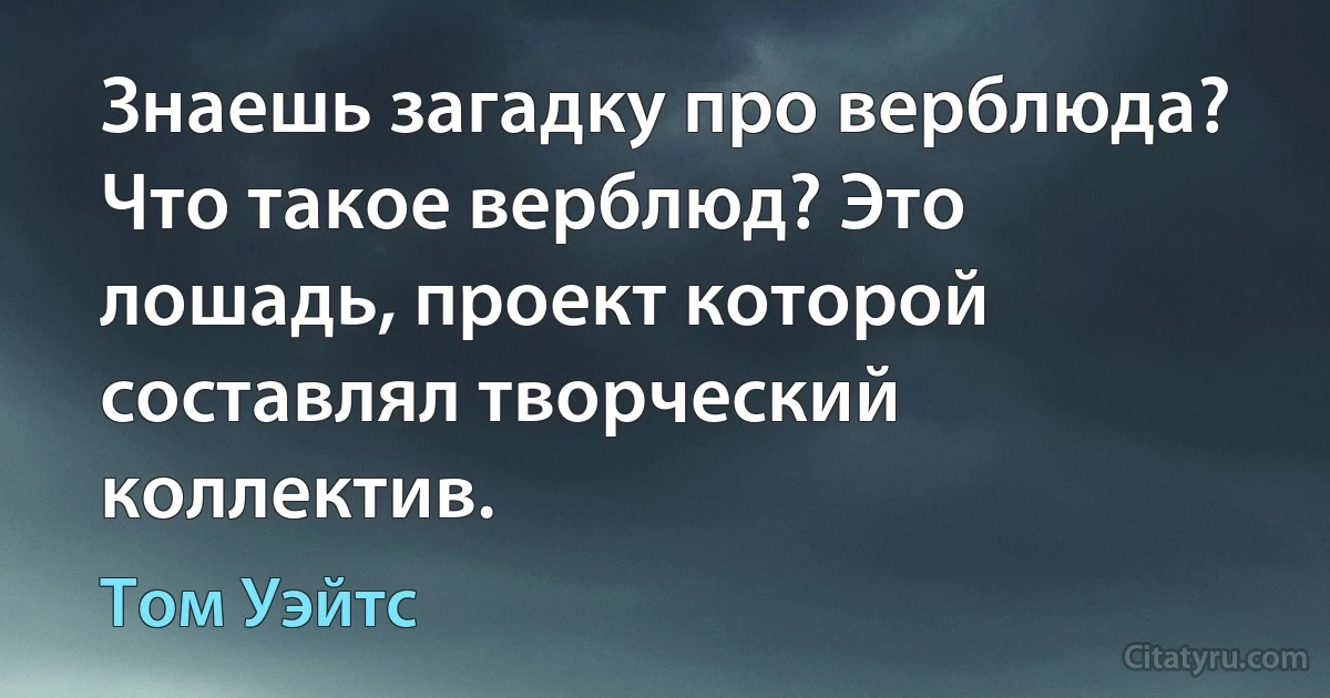 Знаешь загадку про верблюда? Что такое верблюд? Это лошадь, проект которой составлял творческий коллектив. (Том Уэйтс)