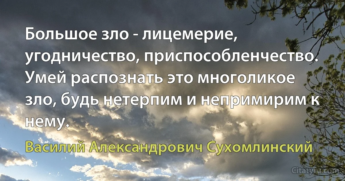 Большое зло - лицемерие, угодничество, приспособленчество. Умей распознать это многоликое зло, будь нетерпим и непримирим к нему. (Василий Александрович Сухомлинский)