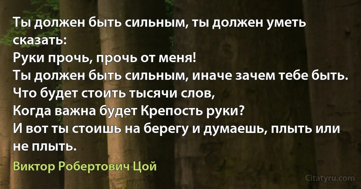 Ты должен быть сильным, ты должен уметь сказать:
Руки прочь, прочь от меня!
Ты должен быть сильным, иначе зачем тебе быть.
Что будет стоить тысячи слов,
Когда важна будет Крепость руки?
И вот ты стоишь на берегу и думаешь, плыть или не плыть. (Виктор Робертович Цой)