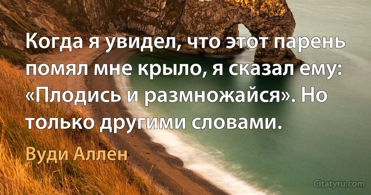 Когда я увидел, что этот парень помял мне крыло, я сказал ему: «Плодись и размножайся». Но только другими словами. (Вуди Аллен)