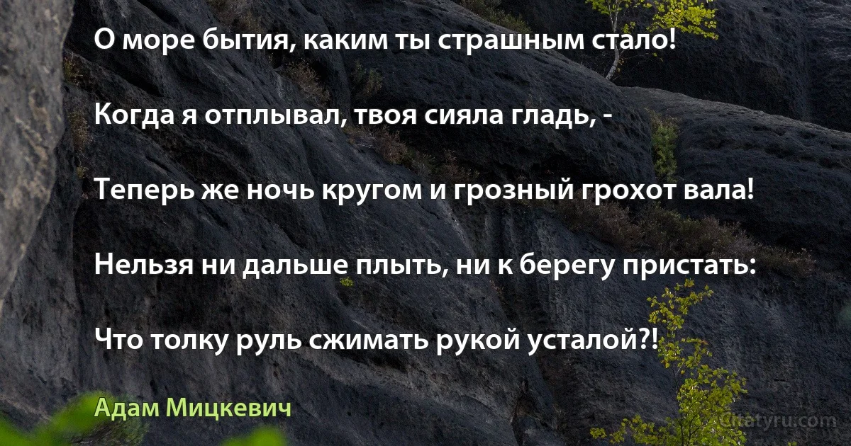 О море бытия, каким ты страшным стало!

Когда я отплывал, твоя сияла гладь, -

Теперь же ночь кругом и грозный грохот вала!

Нельзя ни дальше плыть, ни к берегу пристать:

Что толку руль сжимать рукой усталой?! (Адам Мицкевич)