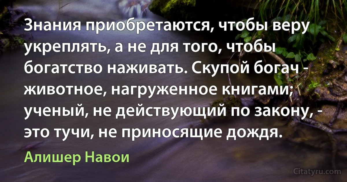 Знания приобретаются, чтобы веру укреплять, а не для того, чтобы богатство наживать. Скупой богач - животное, нагруженное книгами; ученый, не действующий по закону, - это тучи, не приносящие дождя. (Алишер Навои)