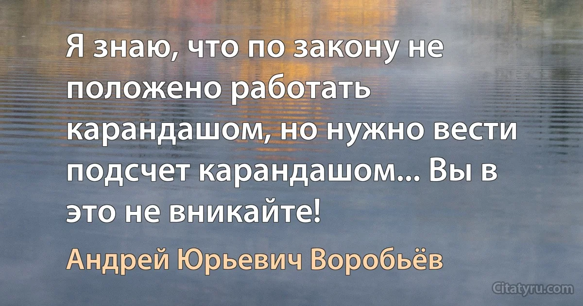 Я знаю, что по закону не положено работать карандашом, но нужно вести подсчет карандашом... Вы в это не вникайте! (Андрей Юрьевич Воробьёв)