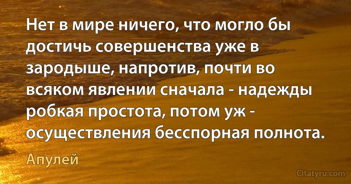 Нет в мире ничего, что могло бы достичь совершенства уже в зародыше, напротив, почти во всяком явлении сначала - надежды робкая простота, потом уж - осуществления бесспорная полнота. (Апулей)