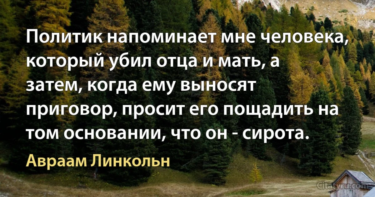 Политик напоминает мне человека, который убил отца и мать, а затем, когда ему выносят приговор, просит его пощадить на том основании, что он - сирота. (Авраам Линкольн)