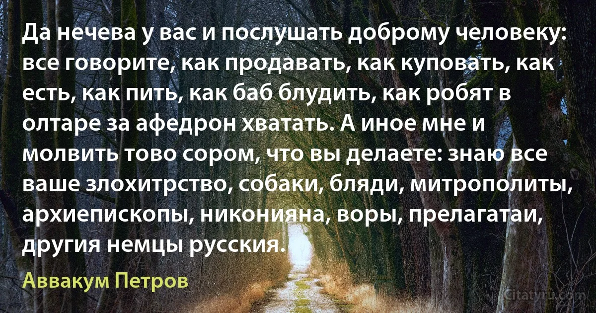 Да нечева у вас и послушать доброму человеку: все говорите, как продавать, как куповать, как есть, как пить, как баб блудить, как робят в олтаре за афедрон хватать. А иное мне и молвить тово сором, что вы делаете: знаю все ваше злохитрство, собаки, бляди, митрополиты, архиепископы, никонияна, воры, прелагатаи, другия немцы русския. (Аввакум Петров)