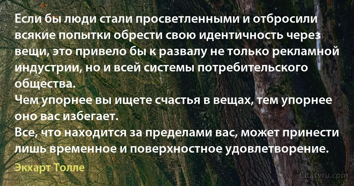 Если бы люди стали просветленными и отбросили всякие попытки обрести свою идентичность через вещи, это привело бы к развалу не только рекламной индустрии, но и всей системы потребительского общества.
Чем упорнее вы ищете счастья в вещах, тем упорнее оно вас избегает.
Все, что находится за пределами вас, может принести лишь временное и поверхностное удовлетворение. (Экхарт Толле)