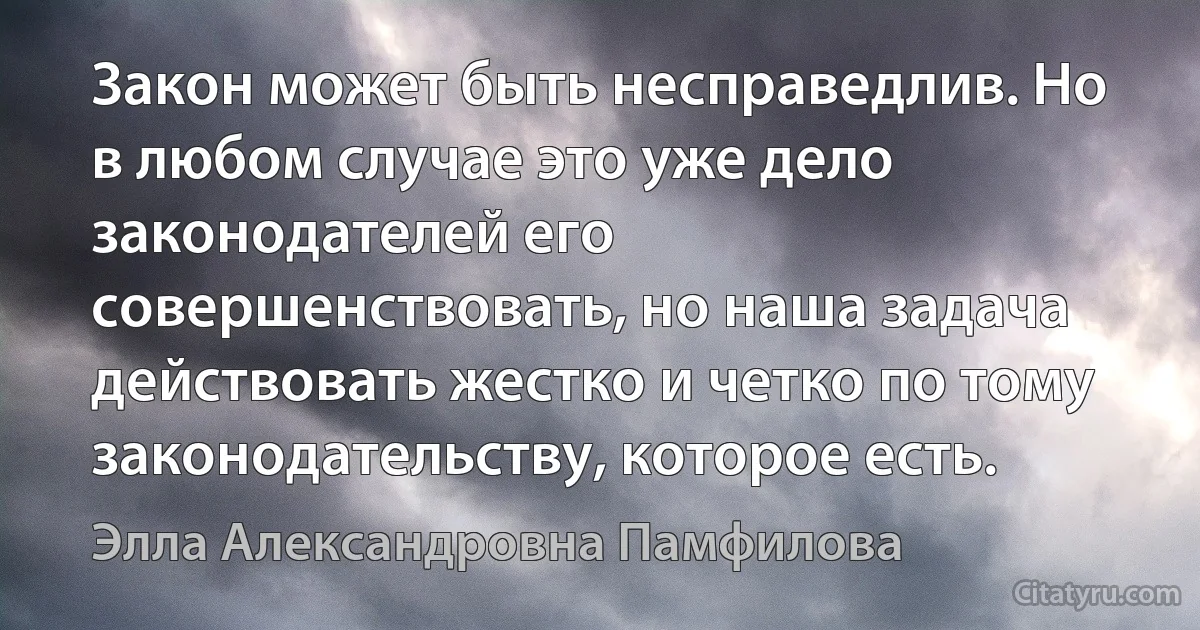 Закон может быть несправедлив. Но в любом случае это уже дело законодателей его совершенствовать, но наша задача действовать жестко и четко по тому законодательству, которое есть. (Элла Александровна Памфилова)