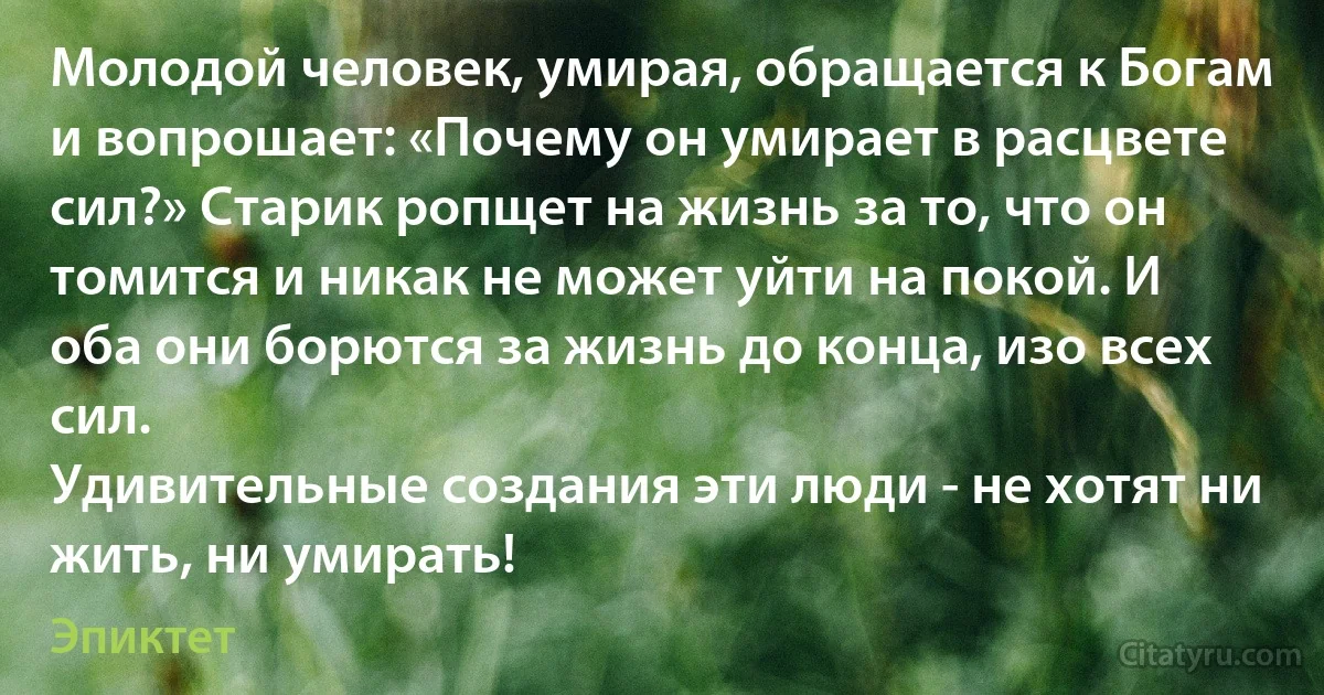 Молодой человек, умирая, обращается к Богам и вопрошает: «Почему он умирает в расцвете сил?» Старик ропщет на жизнь за то, что он томится и никак не может уйти на покой. И оба они борются за жизнь до конца, изо всех сил.
Удивительные создания эти люди - не хотят ни жить, ни умирать! (Эпиктет)