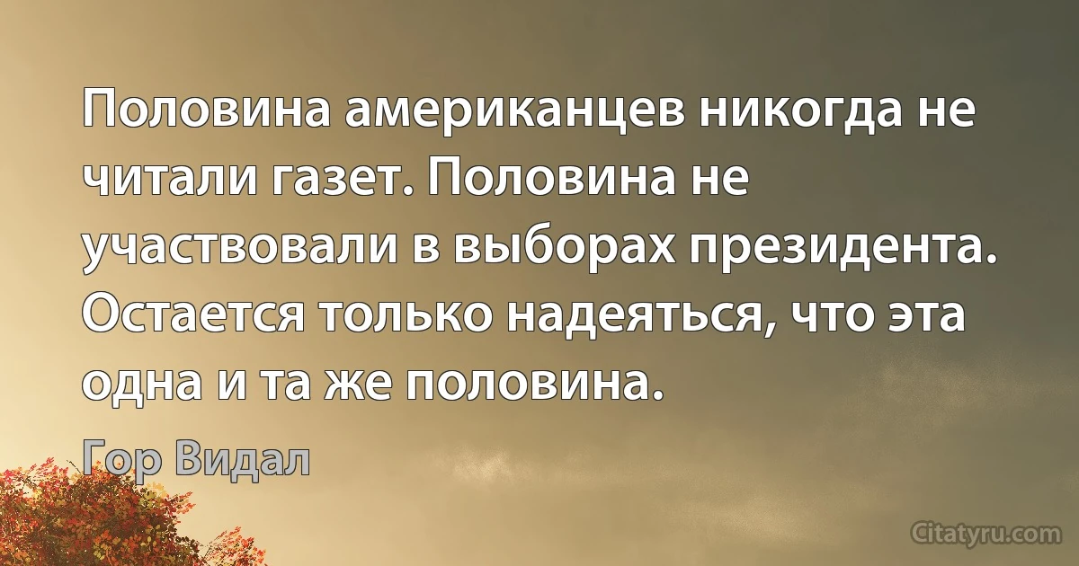 Половина американцев никогда не читали газет. Половина не участвовали в выборах президента. Остается только надеяться, что эта одна и та же половина. (Гор Видал)