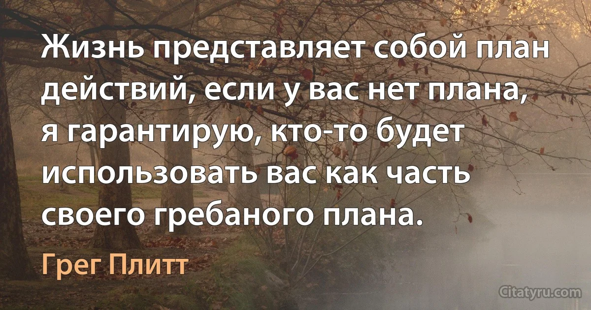 Жизнь представляет собой план действий, если у вас нет плана, я гарантирую, кто-то будет использовать вас как часть своего гребаного плана. (Грег Плитт)