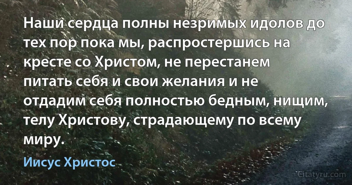 Наши сердца полны незримых идолов до тех пор пока мы, распростершись на кресте со Христом, не перестанем питать себя и свои желания и не отдадим себя полностью бедным, нищим, телу Христову, страдающему по всему миру. (Иисус Христос)