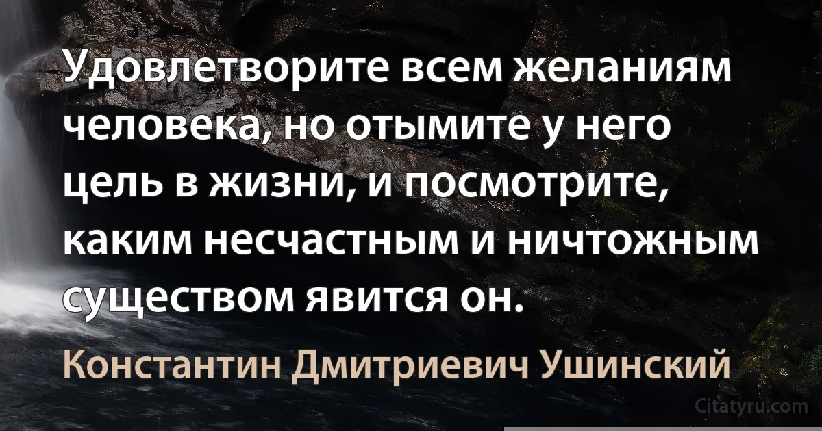 Удовлетворите всем желаниям человека, но отымите у него цель в жизни, и посмотрите, каким несчастным и ничтожным существом явится он. (Константин Дмитриевич Ушинский)