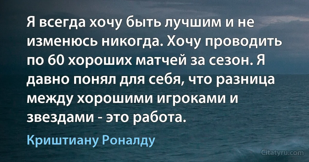 Я всегда хочу быть лучшим и не изменюсь никогда. Хочу проводить по 60 хороших матчей за сезон. Я давно понял для себя, что разница между хорошими игроками и звездами - это работа. (Криштиану Роналду)