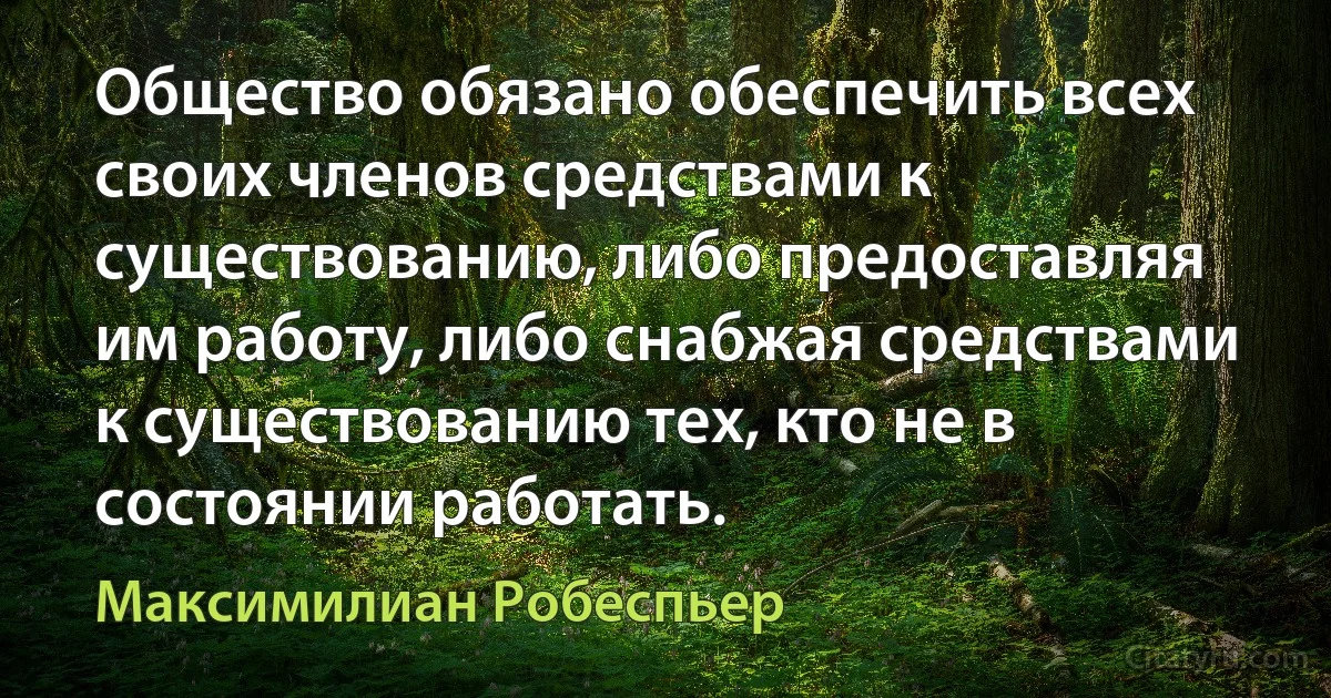 Общество обязано обеспечить всех своих членов средствами к существованию, либо предоставляя им работу, либо снабжая средствами к существованию тех, кто не в состоянии работать. (Максимилиан Робеспьер)