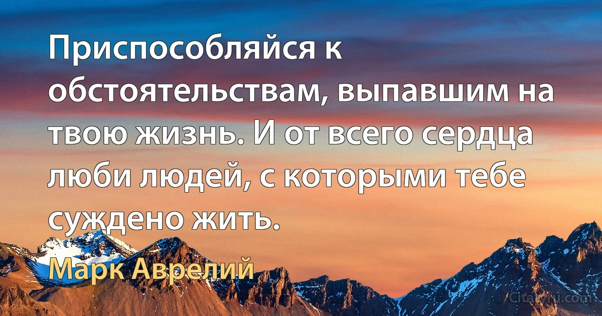 Приспособляйся к обстоятельствам, выпавшим на твою жизнь. И от всего сердца люби людей, с которыми тебе суждено жить. (Марк Аврелий)