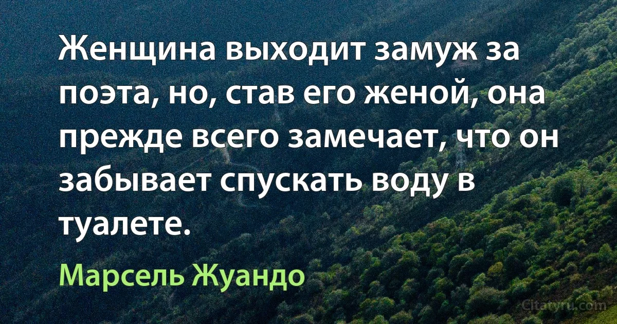 Женщина выходит замуж за поэта, но, став его женой, она прежде всего замечает, что он забывает спускать воду в туалете. (Марсель Жуандо)