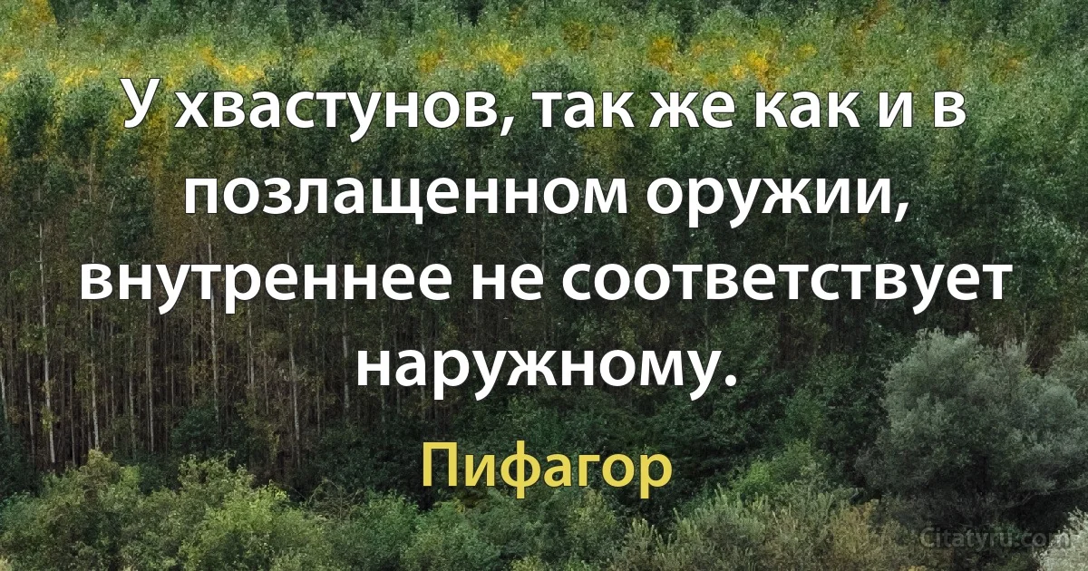 У хвастунов, так же как и в позлащенном оружии, внутреннее не соответствует наружному. (Пифагор)